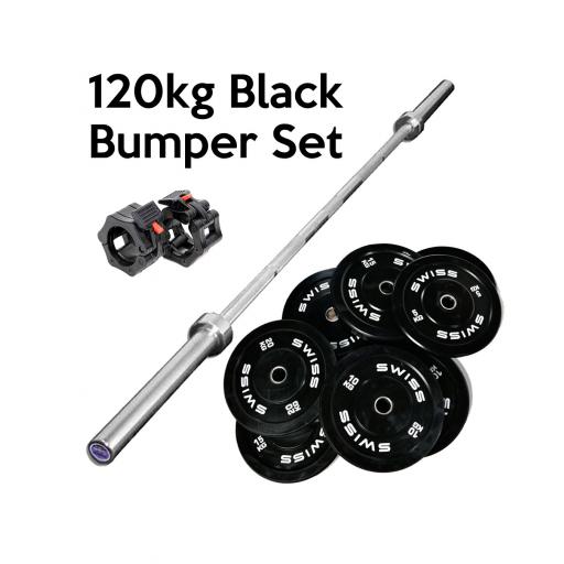 Barbell and 100kg of black bumper plates on white background available from Flair Fitness